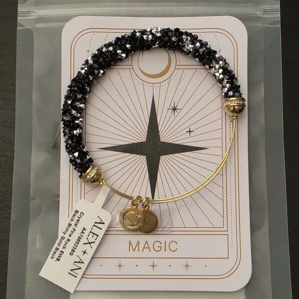 Alex and Ani Gold-Tone Bracelet with Black Silver Crystal Fine Rock EWB Bangle - Picture 6 of 7